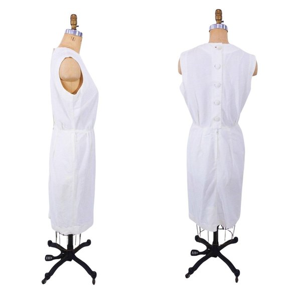 Vintage 1960s Solid Cream Day Dress Stripe Shift | W 29" - Picture 5 of 5